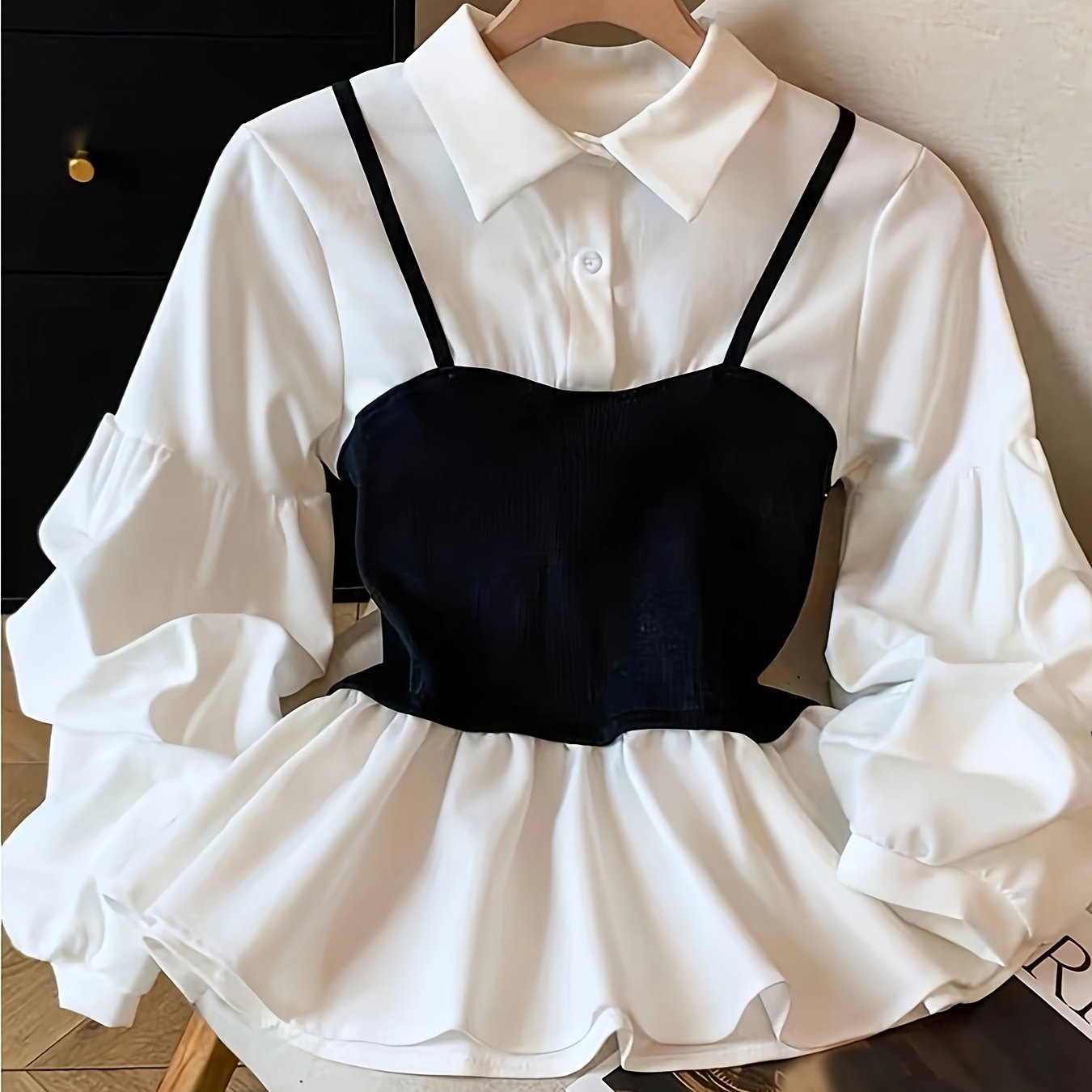 TEMU Women's Fashion Lantern Sleeve A-line Two-piece Shirt, Women's Blouse, Suitable For Commute And Casual Wear []