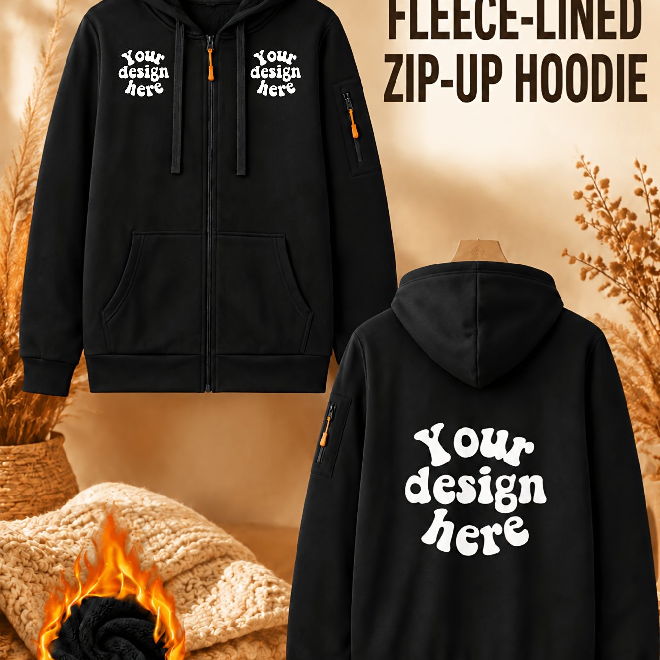 TEMU Men's Custom Full-zip Fleece Hoodie Sweatshirt With Personalized Logo/text, Loose Fit Zipper Hoodie With Kangaroo Pocket, Suitable For Company