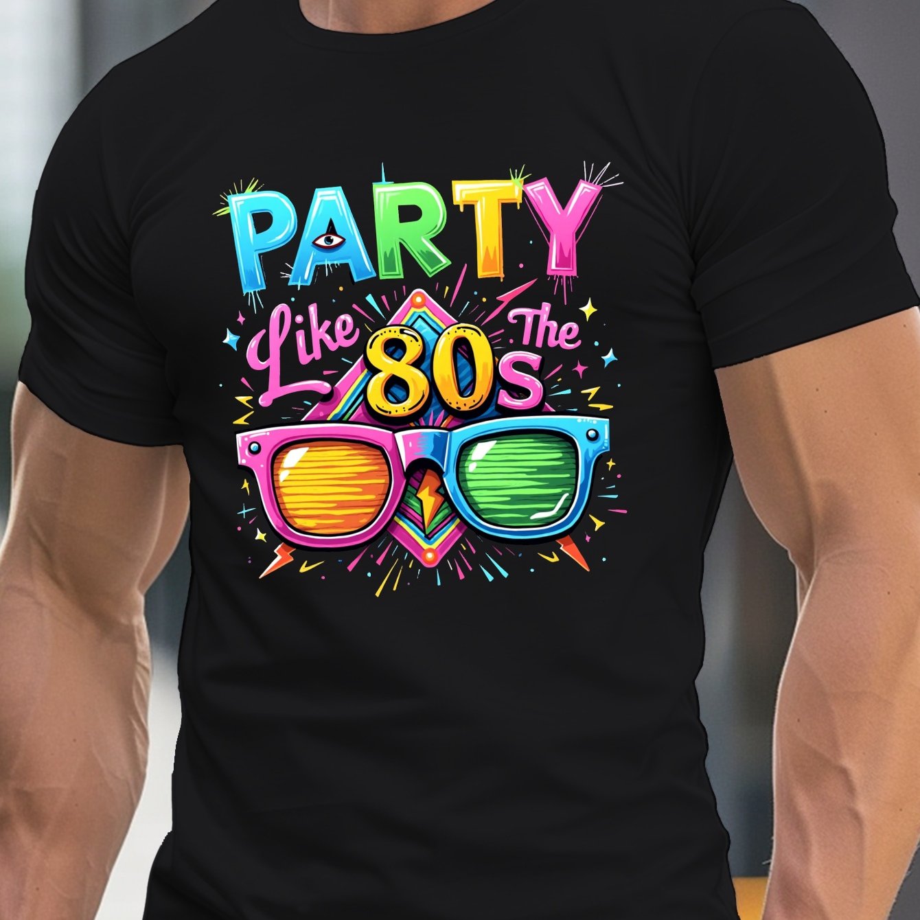 TEMU T-shirt à manches courtes pour homme avec col rond et imprimé de fête des années 80 - Haut décontracté, confortable et léger pour l'été, design