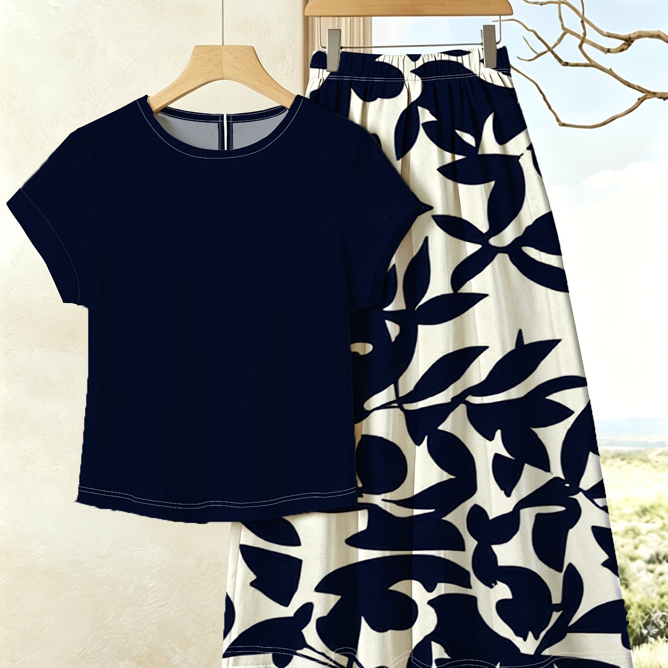 TEMU Short Sleeve T-shirt And Skirt Set Women's Printed Design Versatile Beach