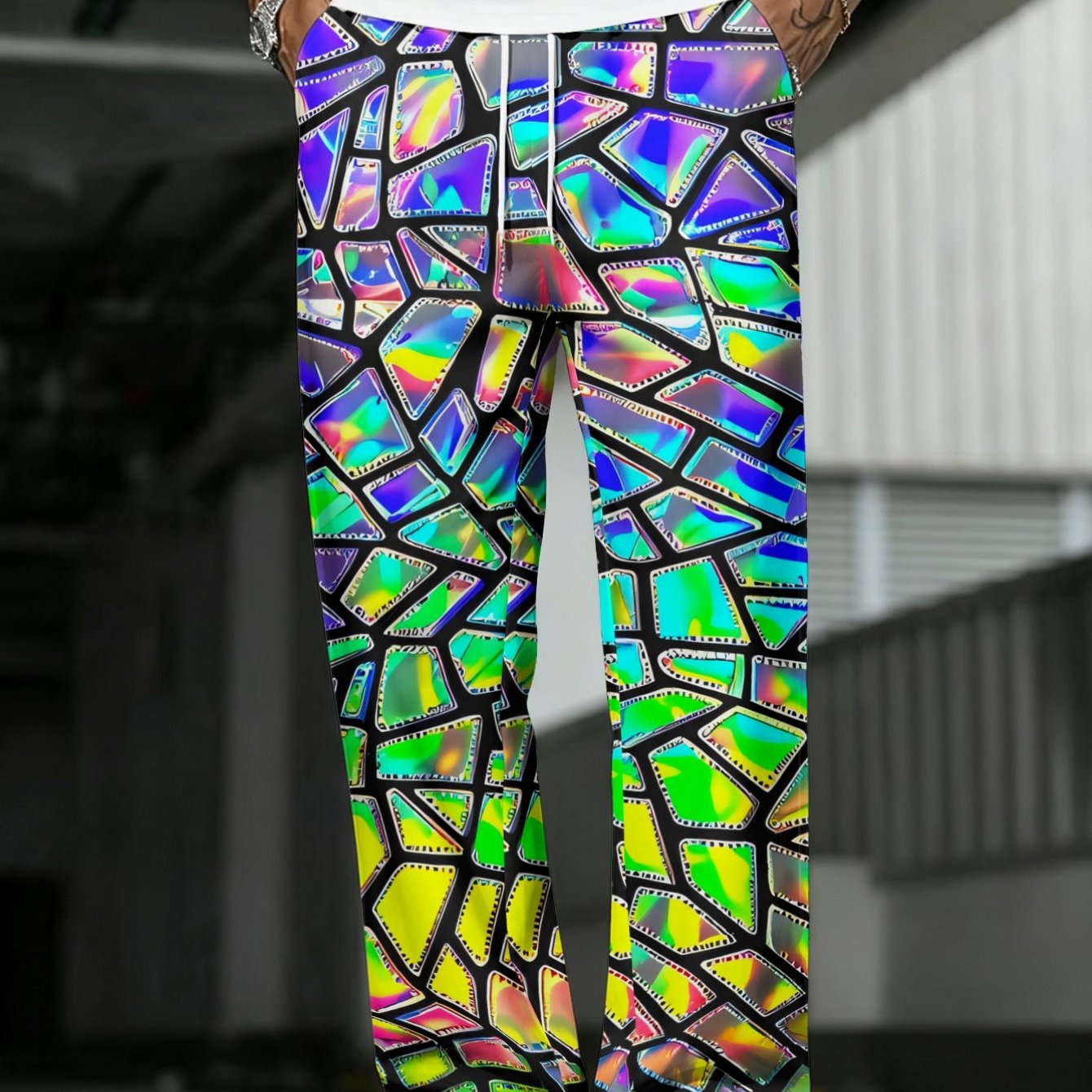 TEMU Men's Straight-leg Loose-fit Casual Pants With Iridescent Glass Inlay - Full-body Trousers, Suitable For , Machine Washable Wide Trousers For