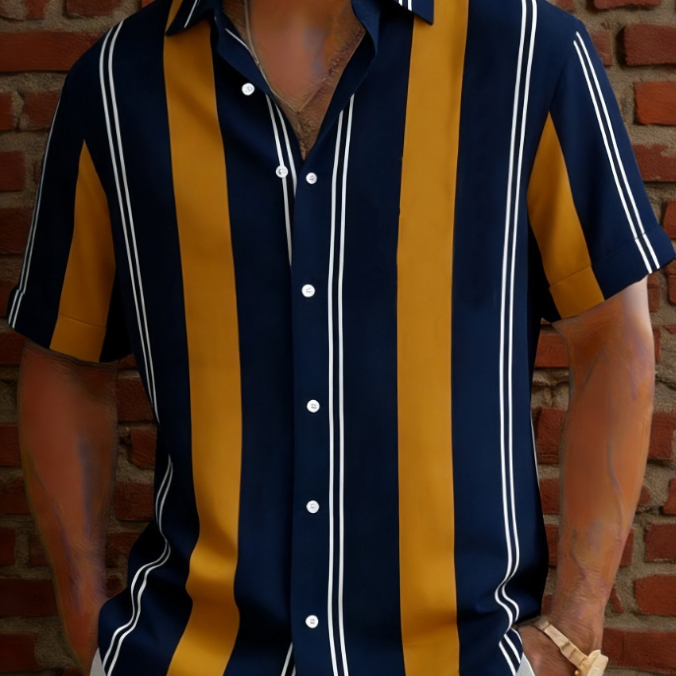TEMU Men's Vintage Geometric Shirt, A Navy Blue, Yellow, And White Vertical Stripe Short-sleeve Shirt. Featuring A Navy Color With Wide And Lines As