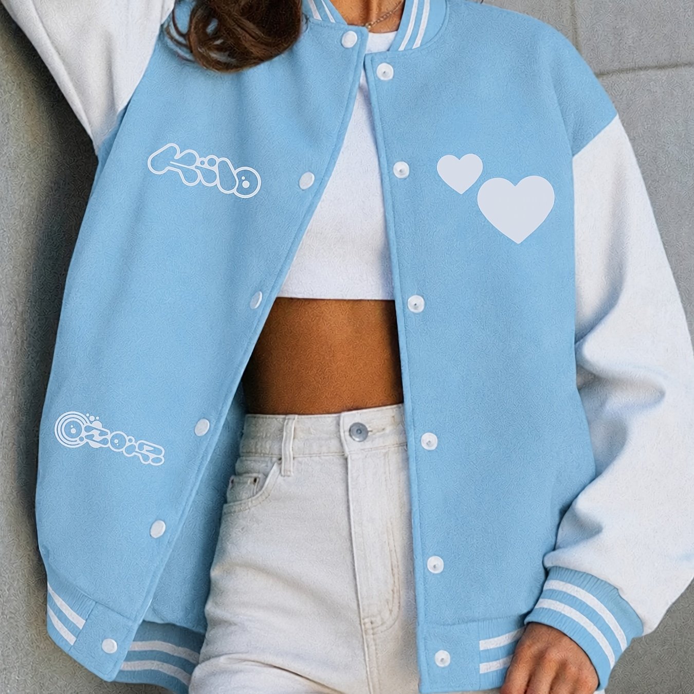 TEMU Plus Size, Zzg Baseball Jacket - Elegant Button-front Jacket With Fluid Letter & Print, Machine Washable Baseball Collar Outerwear Suitable For
