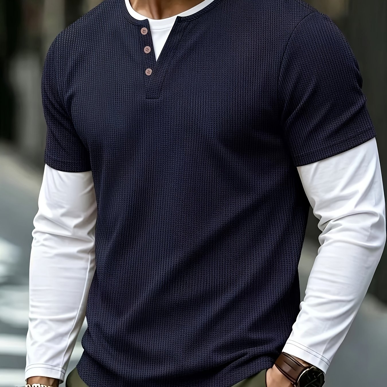 TEMU Spring/autumn Men's Waffle Knit Henley Neck T-shirt 2-in-1 Look Black And Block Loose Long Sleeve Top