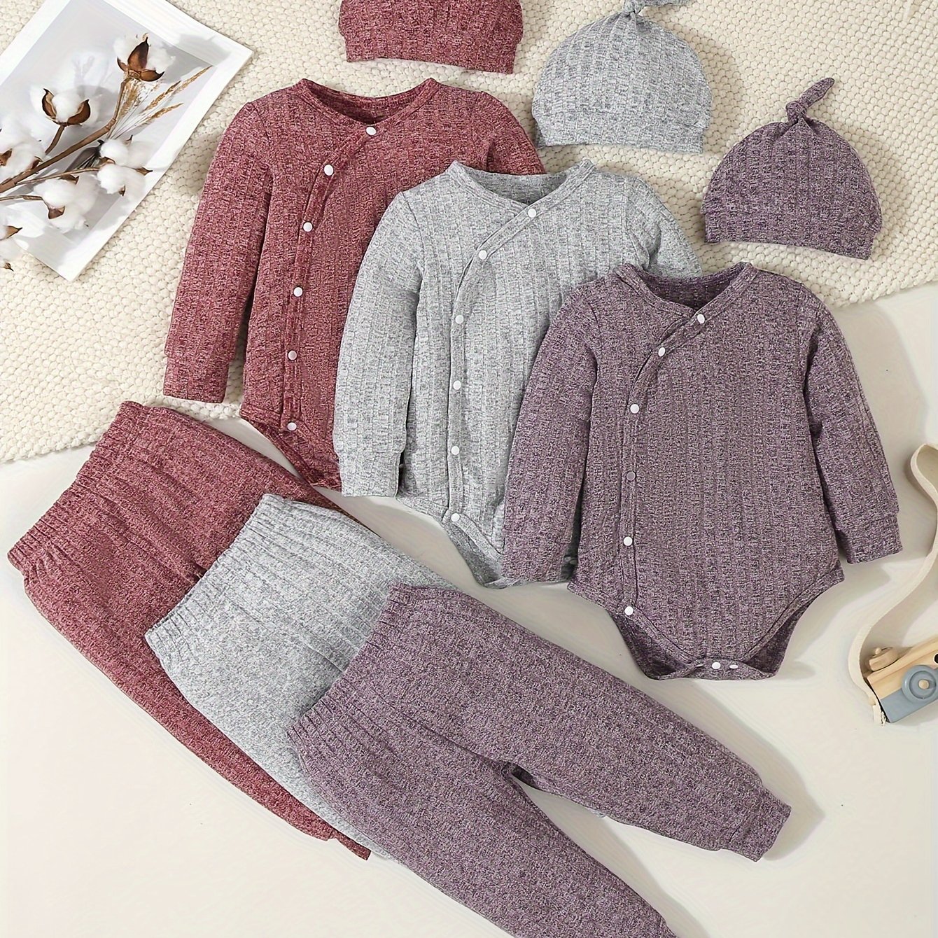 Image of 3pcs Set For Baby Girls Featuring A Easy Striped Long-sleeve Bodysuit With A Round Neck And Hidden Buttons, Soft Striped Pants, And A Comfortable Twist-knot Hat, For Outdoor