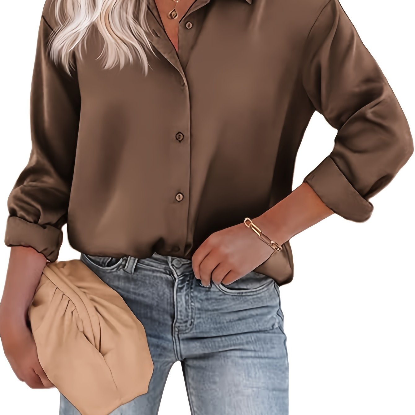 TEMU Coffee-colored, Wrinkle-free Satin Long-sleeved Shirt For Women's Autumn And Winter, High-end Formal Work Shirt, Mature Business Attire, Button- Top