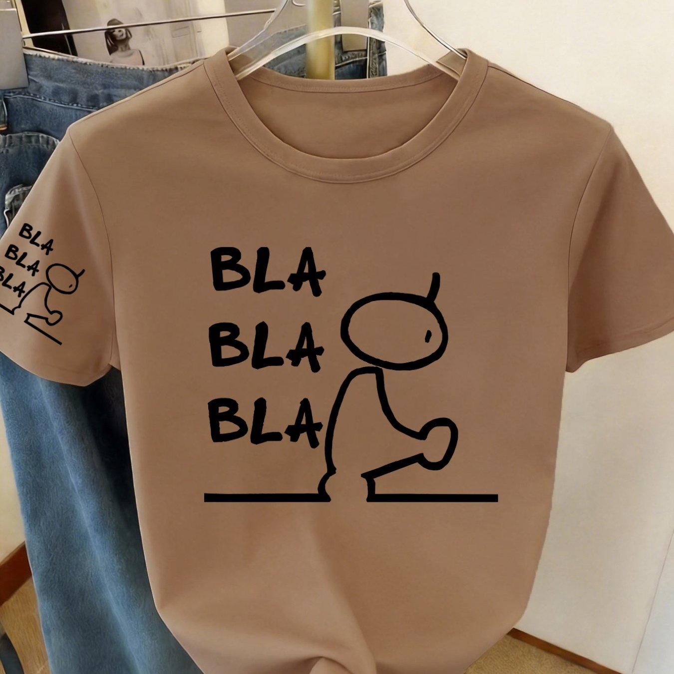 TEMU Neck Short Sleeve T-shirt With Fun And " Bla" Text Print Design - Elegant And Fashionable - Y2k - Women's Casual Sporty Fashion Non-v Neck Short