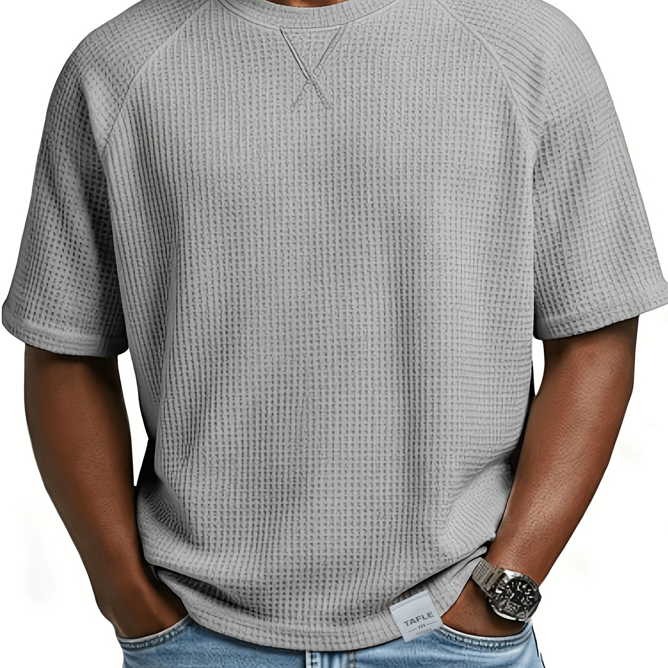 TEMU Men's Waffle Knit Raglan Sleeve T-shirt - Loose Fit Short Sleeve Crew Neck Summer Top With Waffle Texture, Solid Color Casual & Athletic Wear