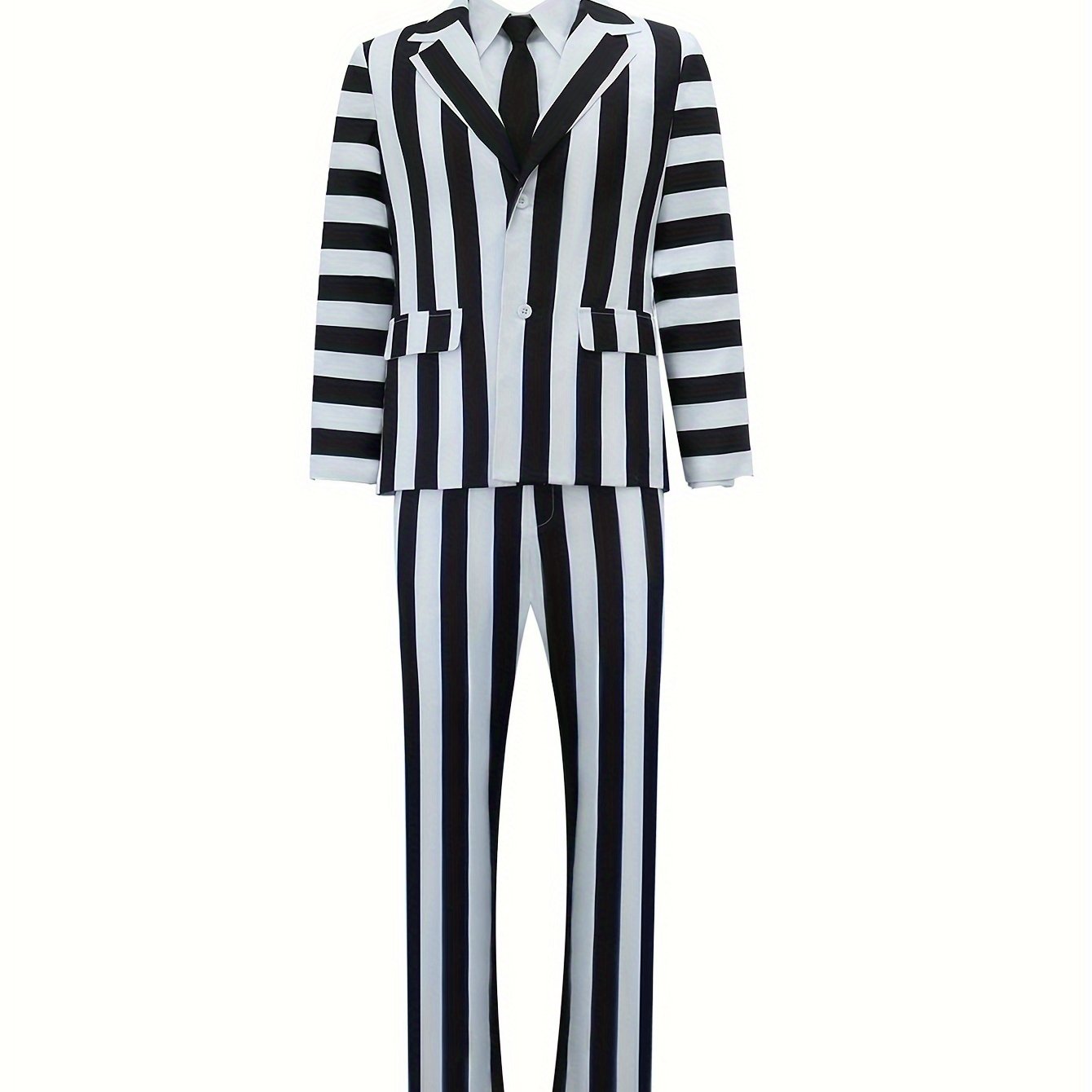 4pcs *&#39;* and White Striped Suit Set, Polyester Party Costume, Regular Fit, Non-Stretch Woven Fabric, with Lapel Collar for Halloween, Christmas, and Themed Events