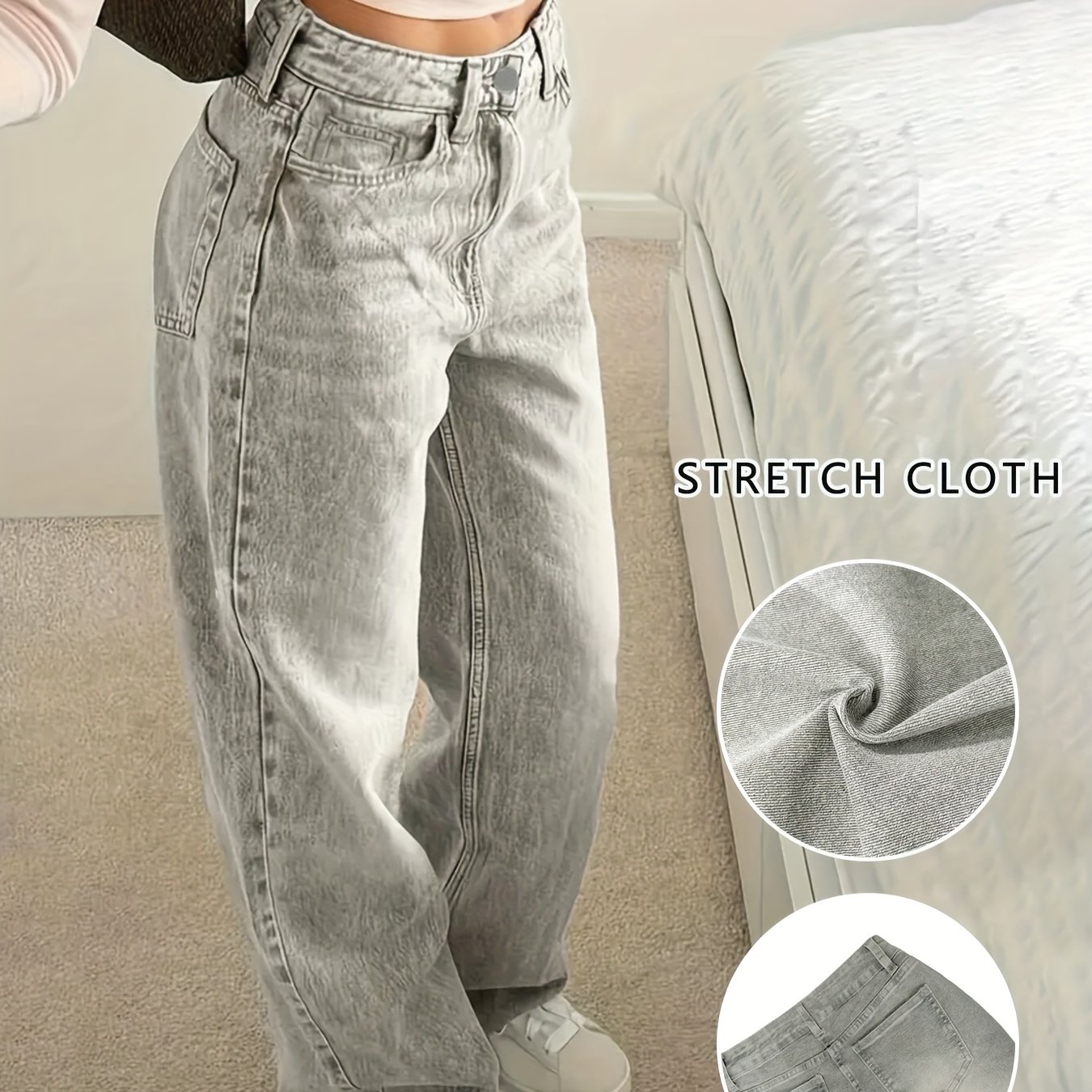 Image of Ladies' 2026 New Elastic Loose Wide-leg High-waisted Jeans, Soft Gray Casual Pants With Pockets, Stylish Women's Clothing Comfortable Boyfriend Jeans, Comfortable Denim Fabric Pants Suitable For