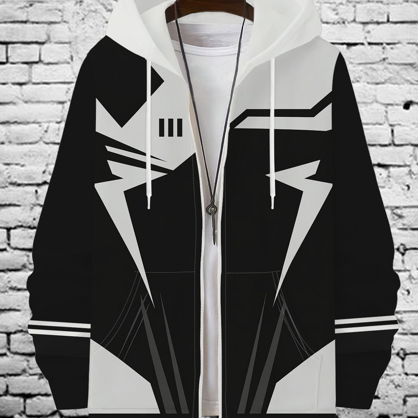 TEMU Men's Fashion Hooded Zip-up Sweatshirt With Cool Geometric Pattern Print Stylish Casual Top Versatile Sports Outerwear