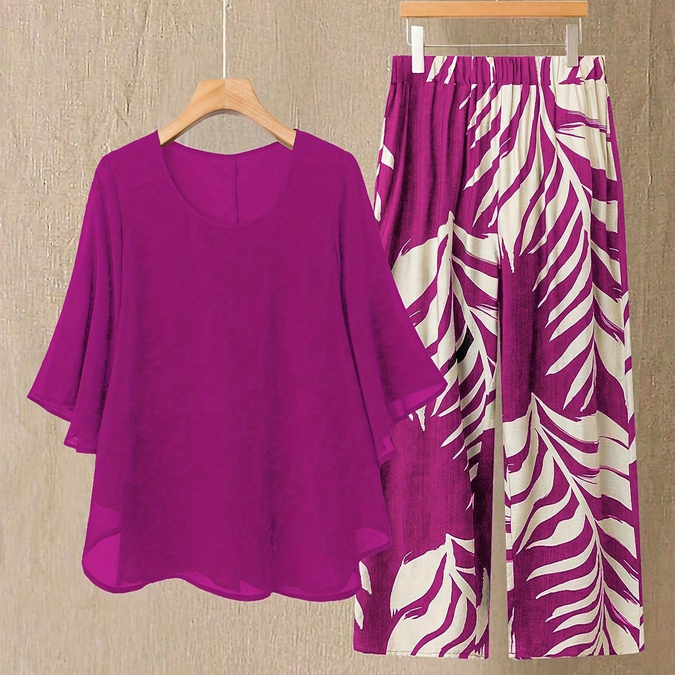 TEMU Gavin Targeted Development European And American Women's Fashion New Arrival Hot Item Round Neck Chiffon Top With Leaf Print And Long Pants Set