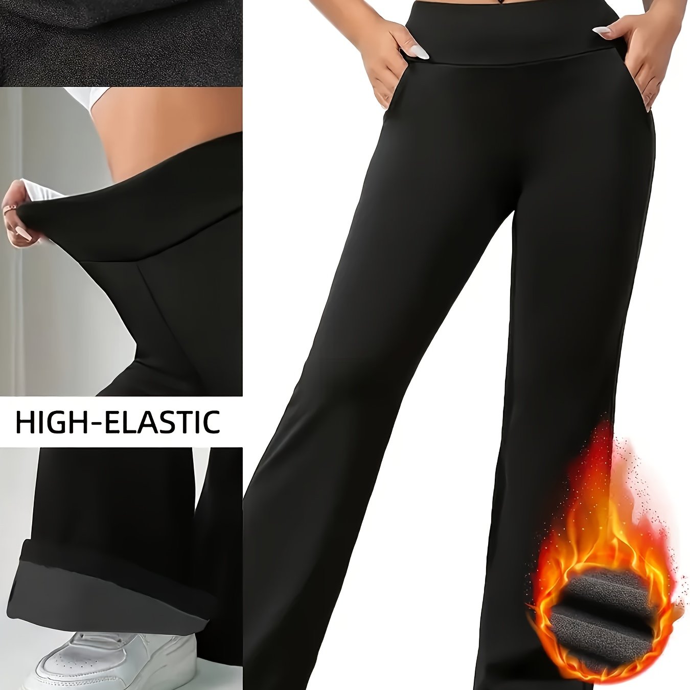 TEMU Women's Winter Warm Pants - Thickened Leggings With Flared Pockets And Flared , Machine Washable Cold-proof Pants, Suitable For Jeans/skirts,