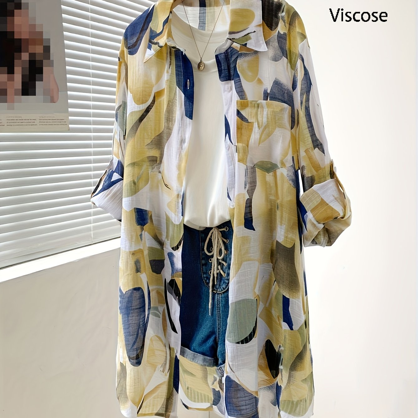 E-shop Neue stylische dünne halbtransparente geometrische Print Langarmbluse, lockere lässige Knopfmanschetten Mid-Length Cardigan Bluse für Damen,