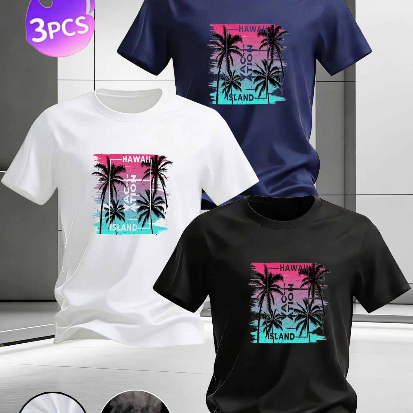 TEMU 3pcs Summer Gradient Coconut Tree Print Short-sleeve T-shirt, Breathable Quick-dry Men's Tee, Summer Top For Students/travel/daily Streetwear