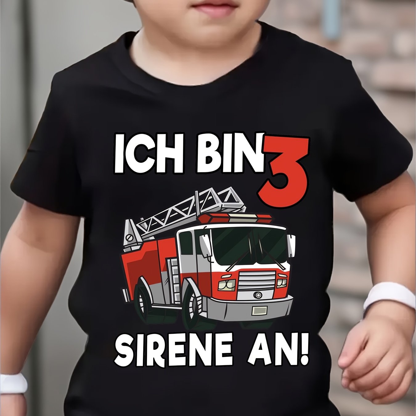 Image of Boys 3rd Birthday Fire Truck T-shirt - "ich Bin 3 Sirene An!" Slogan With Cartoon Emergency Vehicle - 3 Year Gift, Outfit, Spring Summer Casual Wear For Fire Truck Lovers (machine Washable)