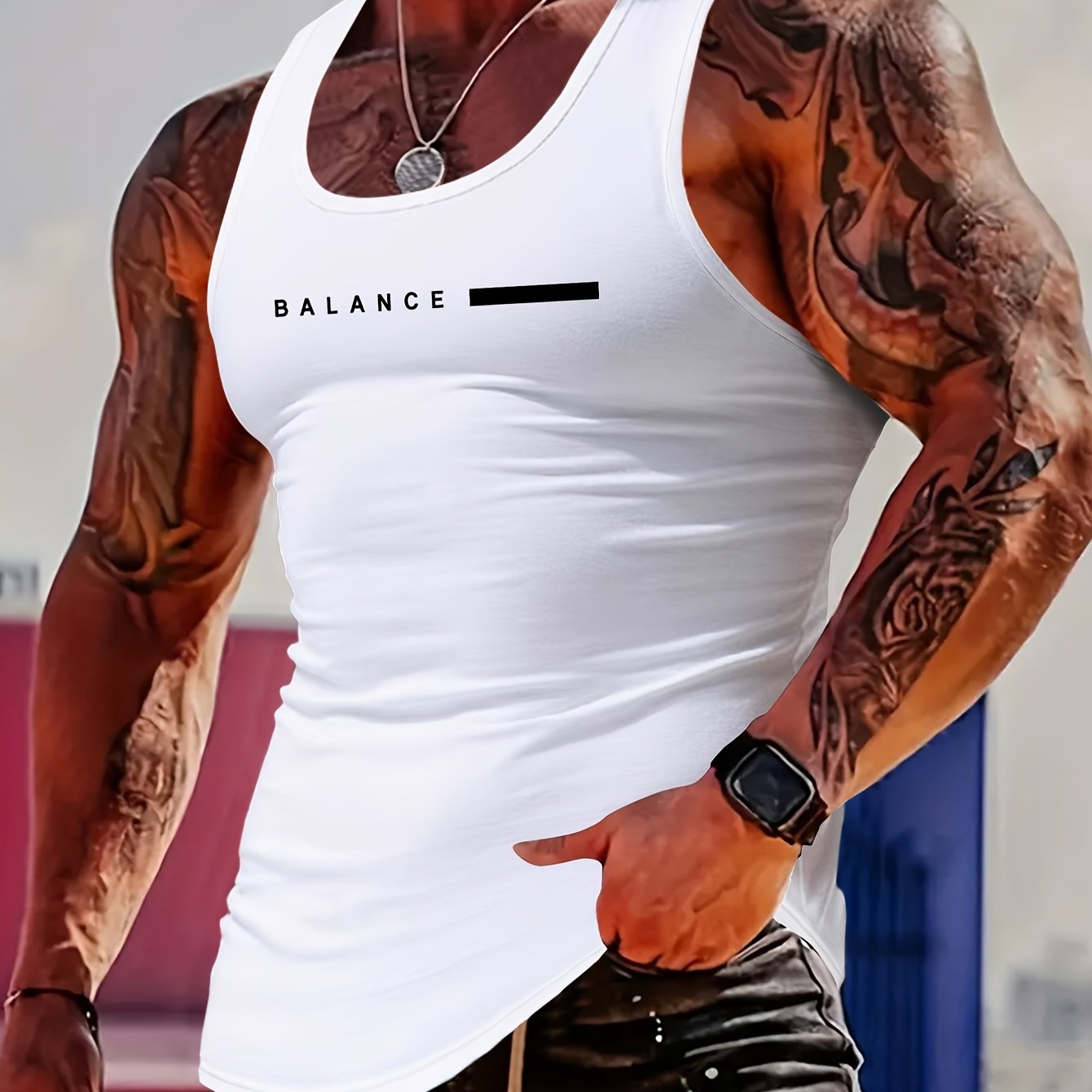 Men's Trendy "balance" Letter Graphic Slim Shoulder Strap Tie-back Tank Top