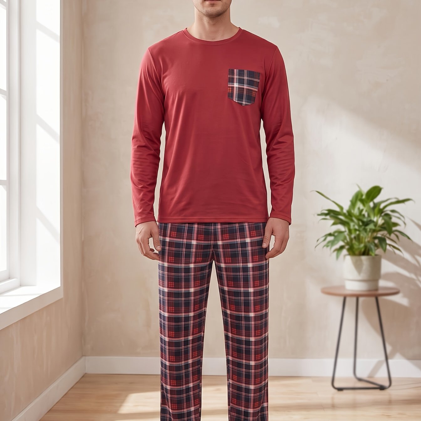 Autumn Casual Men's Pajama Set, Checkered , Striped Print Pants, Comfortable Long Sleeve Long Pants 2pcs Set
