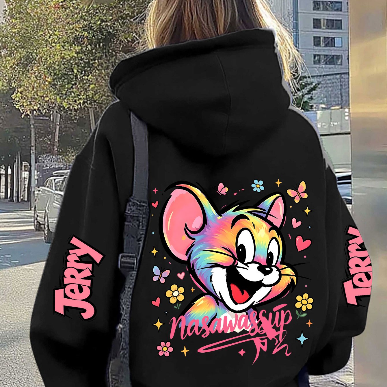 TEMU Warner Authorized, Women's Plus Size Hooded Sweatshirt, Colorful Gradient Love Floral Graffiti Print, Zipper Jacket With Pocket Hoodie, Casual