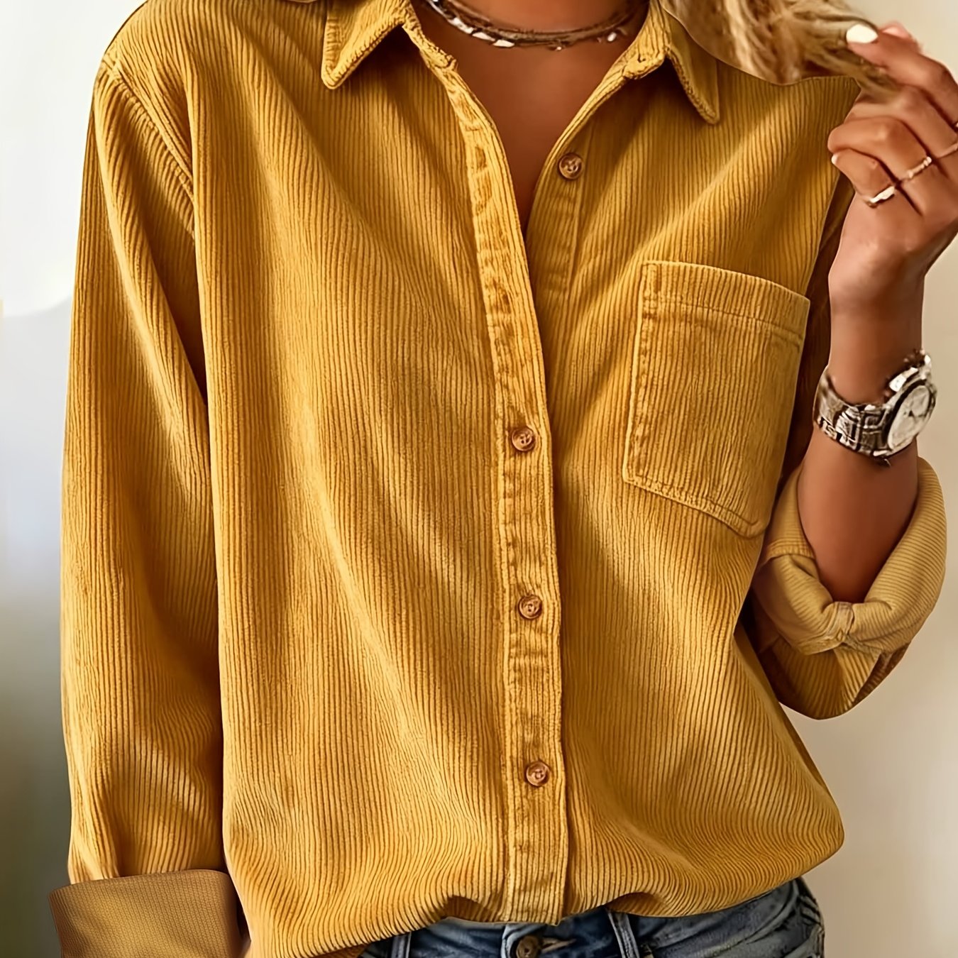 TEMU Chaqueta camisera elegante de de color liso para mujer, estilo de otoño, juvenil, superior versátil con solapas