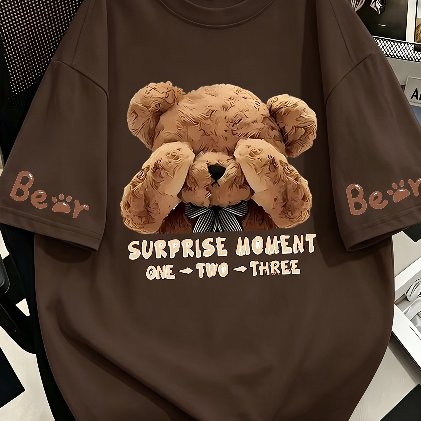 TEMU Cute Blindfolded Plush Bear Surprise Moment Letter Print Short Sleeve Soft And Cute Oversize T-shirt Women' Style Casual All-match Trendy T
