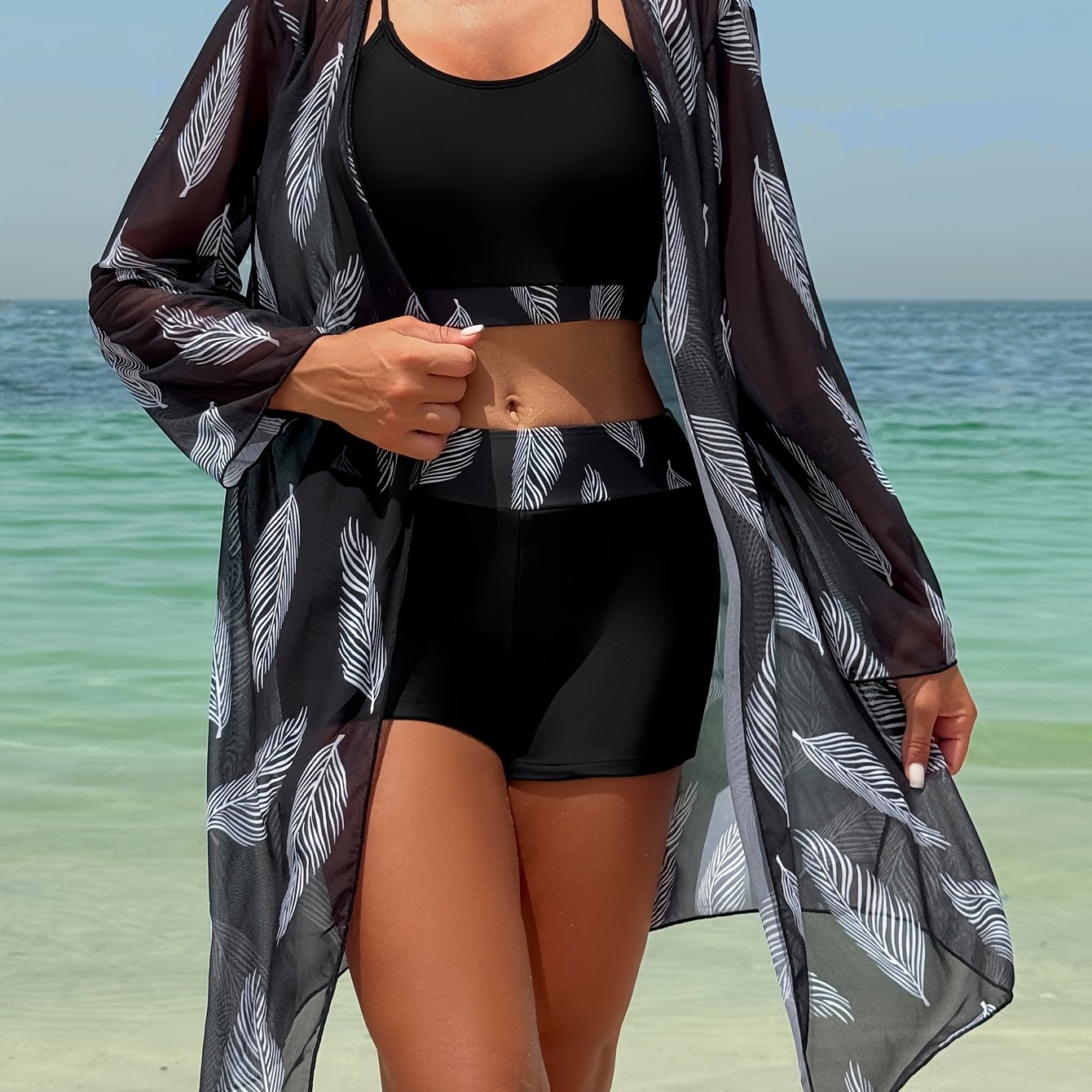 Three-piece Bikini Set For Women With Long Sleeves, Featuring Plant And Leaf Designs, Perfect For A Beach Vacation