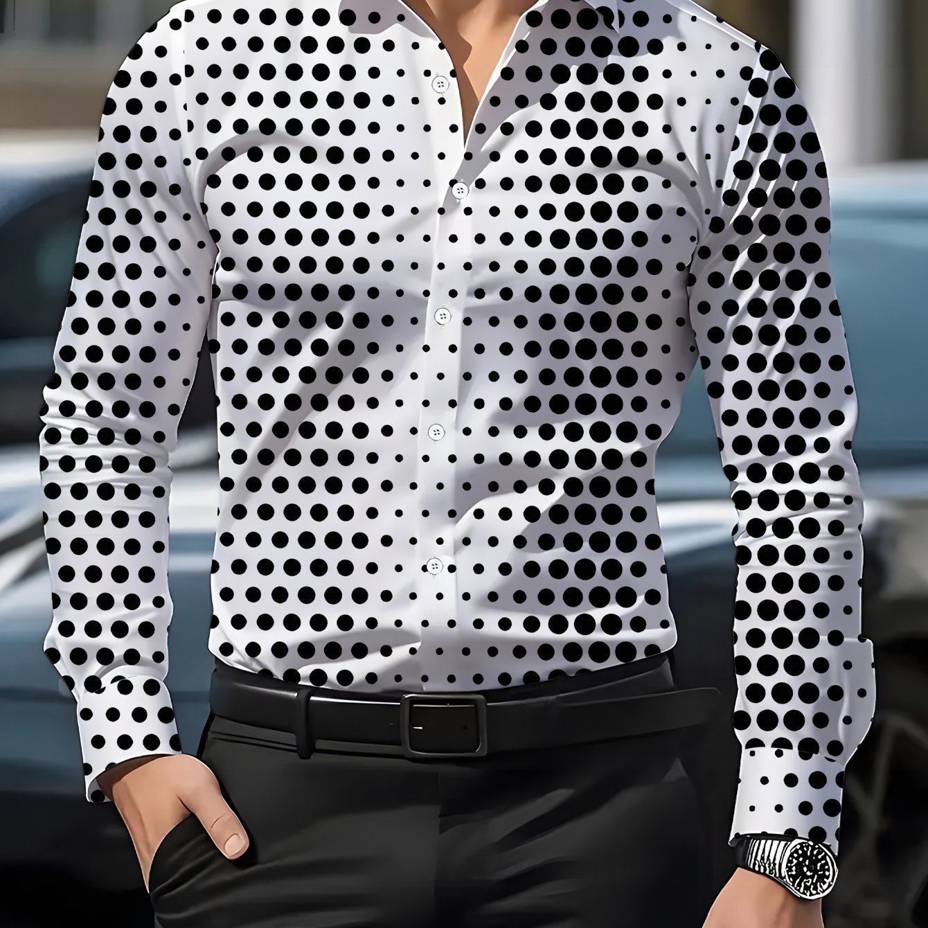 TEMU Men's Long Sleeve Polka Dot Print Shirt, Men's Printed Shirt With Polka Dot Elements, Men's Shirt In And White Colors, Men's 3d Casual Shirt,