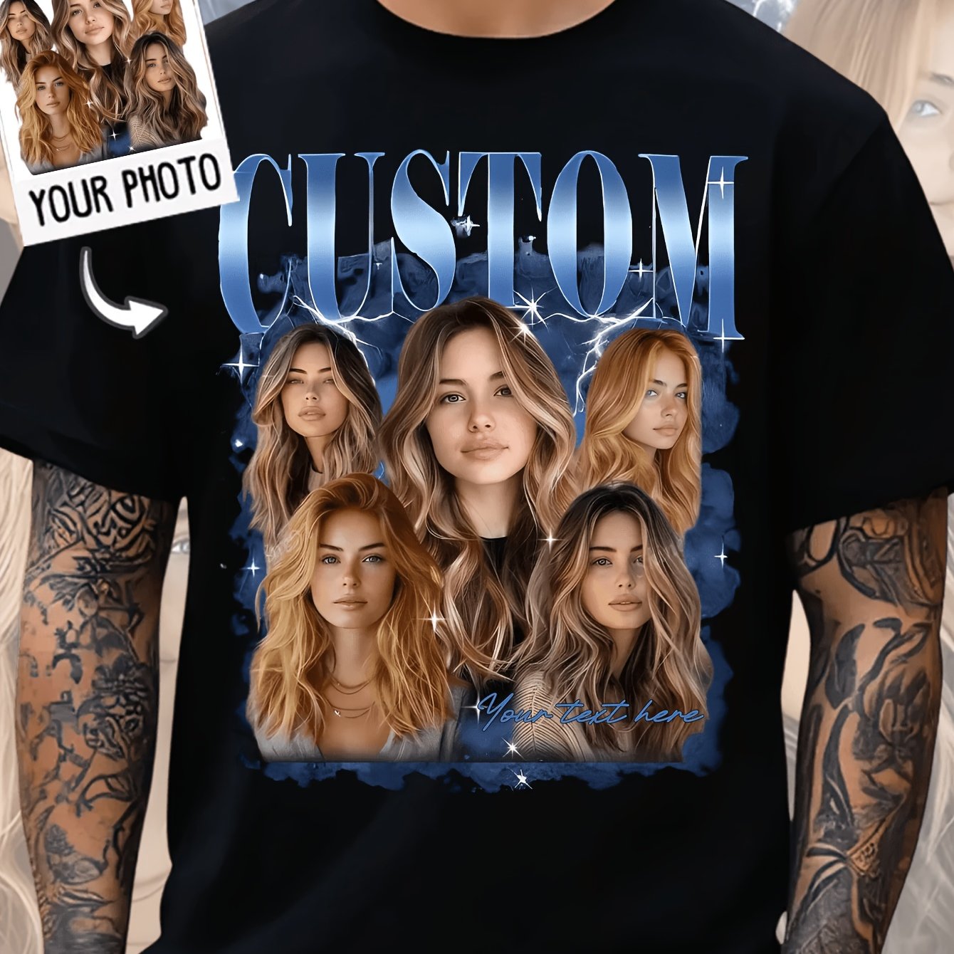 TEMU Custom Round Neck Short Sleeved T-shirt With Multiple Images, Personalized Portrait Commemorative, Casual Top