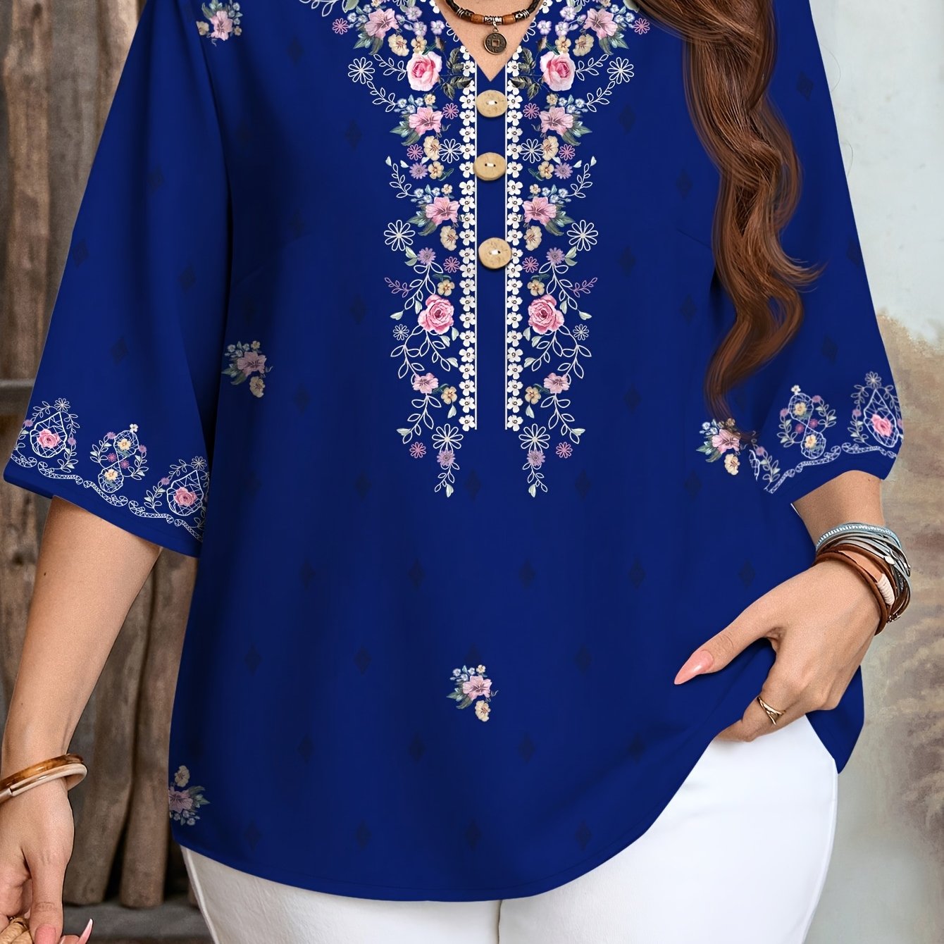 TEMU Women's Summer New Casual Printed Shirt In A Blue Bohemian Style