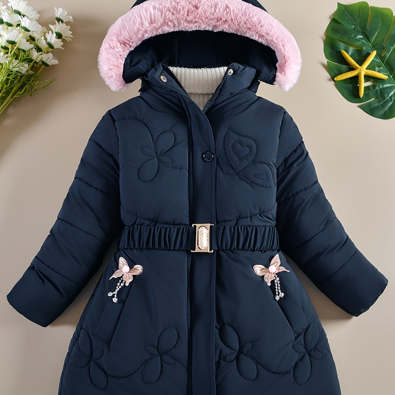 Image of Girls' Casual Fashion Detachable Belt Plush Hood Padded For Winter