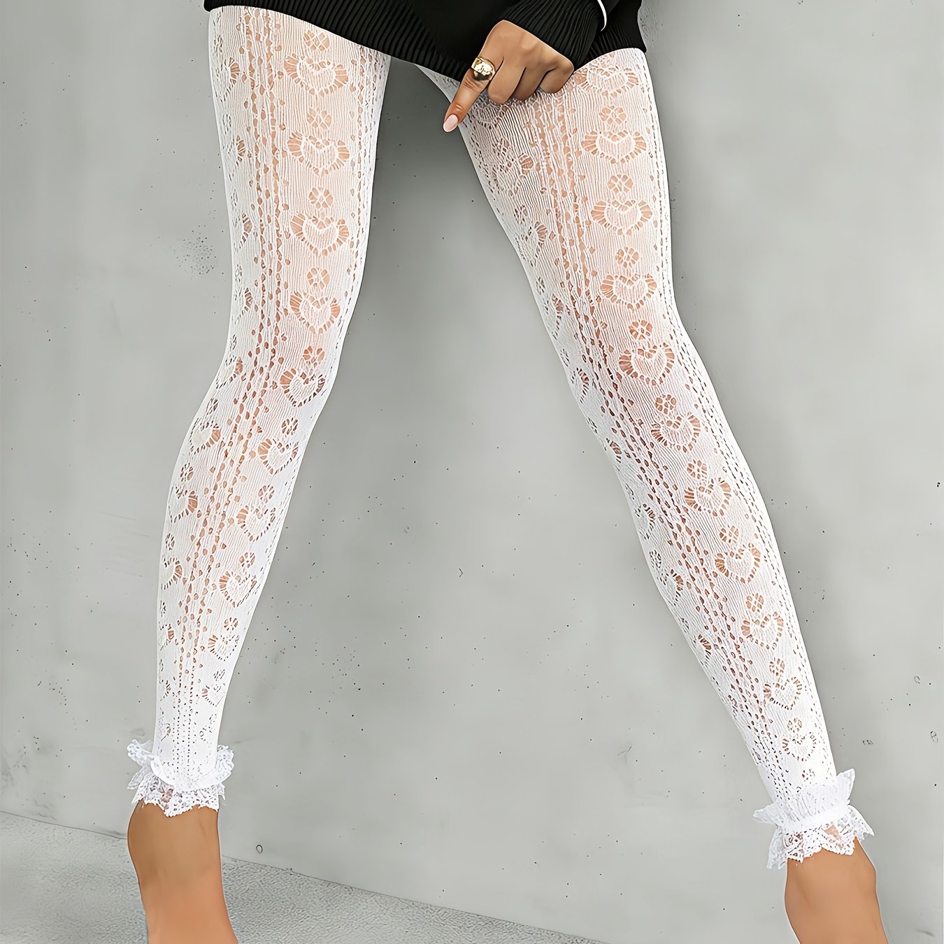 TEMU 1 Pair Of ' High-elastic Hollow Heart-shaped Mesh Nine-point Leggings, Elastic Soft High-waisted Skinny Pants, Nine-point Pants, Ladies' Spring