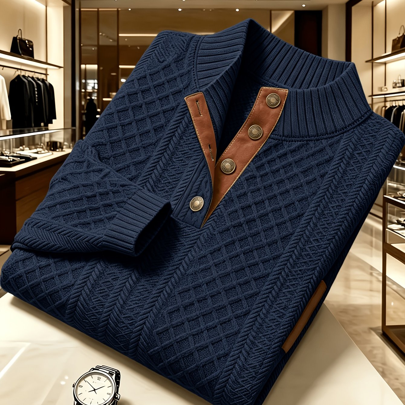 TEMU [star Obm] Men's Autumn Winter Light Luxury New Henley Collar Diamond Check Textured Jacquard Knit Sweater, Brown Contrast Patch With Vintage