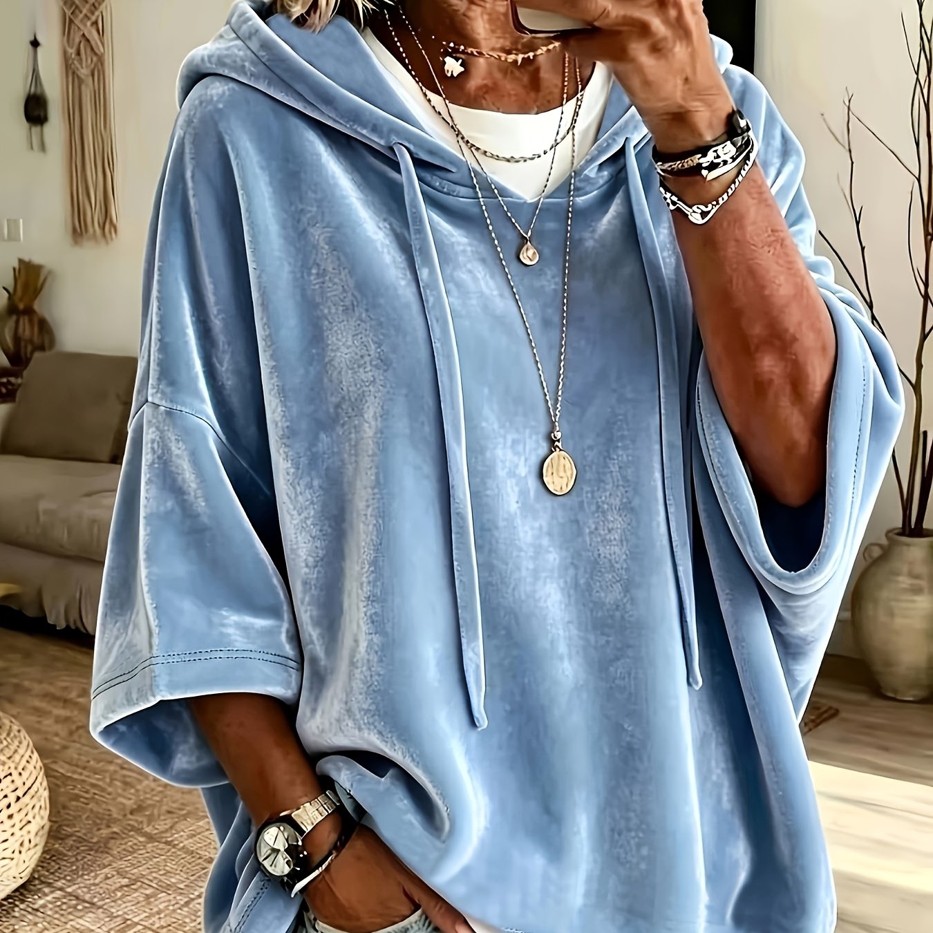 Women'-quarter Sleeve Solid Color Velvet Casual T-shirt Top For Autumn/winter