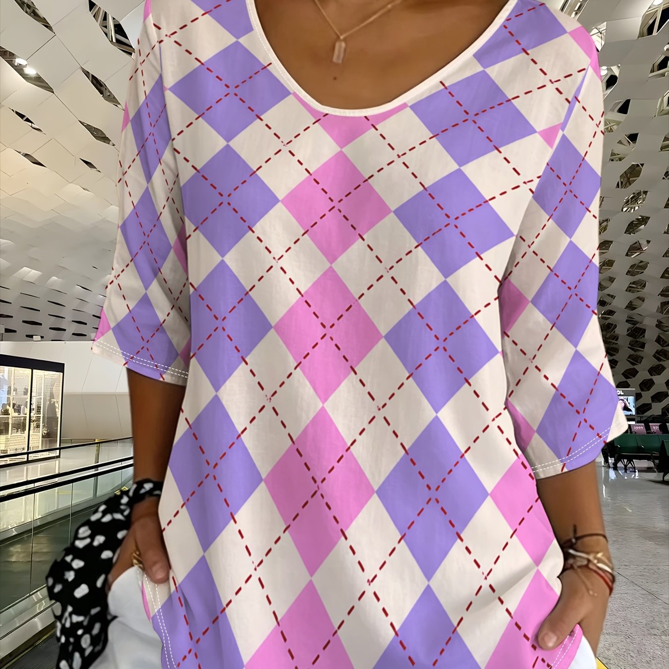 TEMU Plus Size Women's Top, Soft Diamond Check Pattern, Effect, 3/4 Sleeve, Versatile -shirt, /, Summer Hot Item For 2026, Casual Wear
