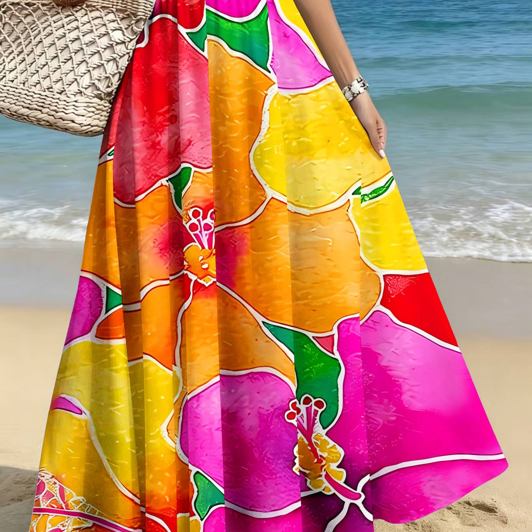 TEMU Plus Size Women's Elegant Fashion Skirt, Casual Printed Midi Dress, Vibrant Floral Painting Artistic Print, /casual/date/party/beach Women's