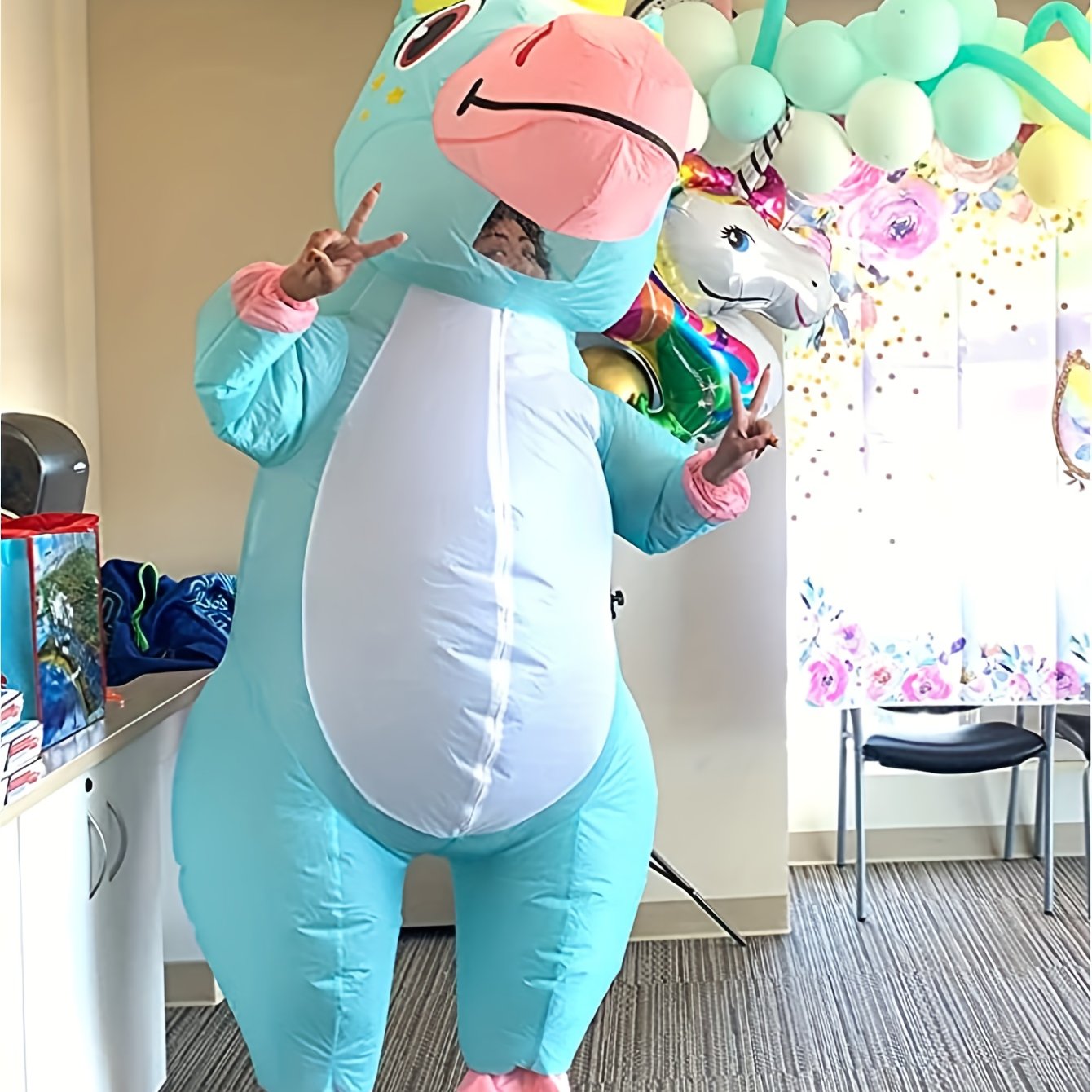Image of Adorable Blue Unicorn Inflatable Costume, Suitable For Halloween, Easter, Christmas, Birthday Parties, Holidays, Costumes, Themed Party Outfits, And Performance Prop Costumes