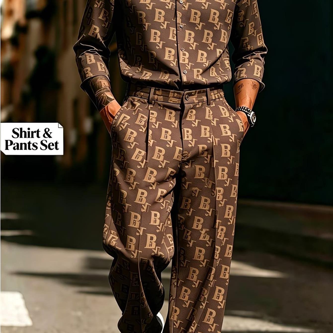 Men's Fashion Casual Style Print Shirt And Pants Set, Adult Men Casual Wear Party Outfit Holiday Gift Men's Novelty Pajamas Loungewear