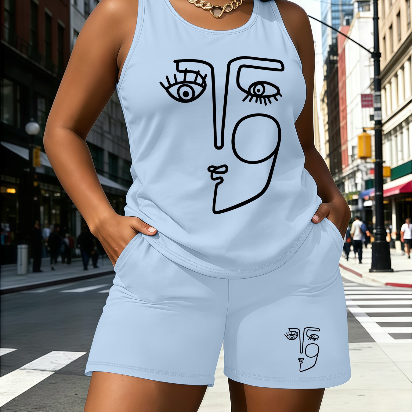 TEMU Plus Size - Plus Size - 2pcs Summer Plus Size Women's Clothing Abstract Set Sleeveless Vest   Shorts Two-piece Versatile Style Elastic Waistband