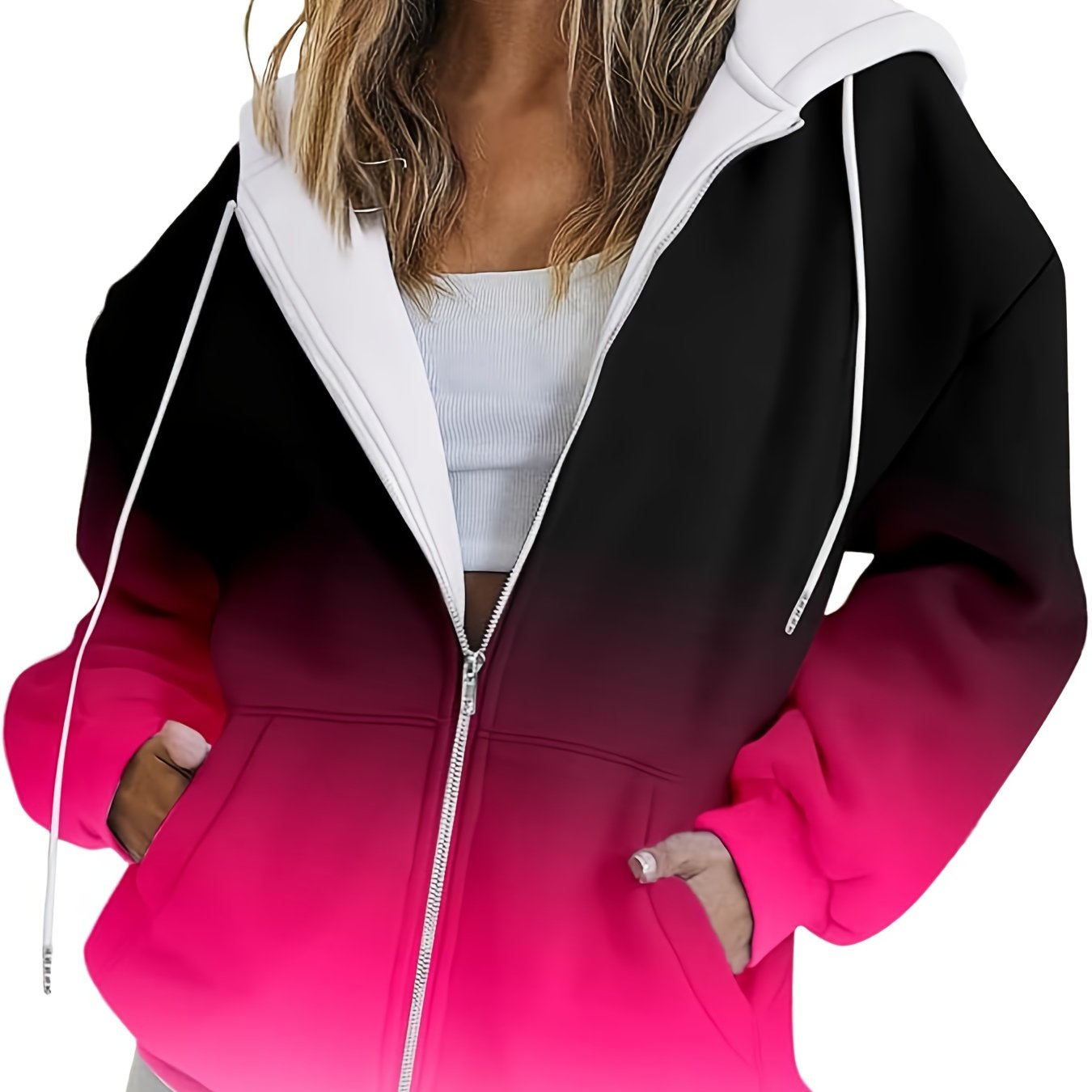 TEMU Printed Hoodie With Pockets, Casual Zipper Long-sleeved Drawstring Hoodie Jacket, Women's Wear