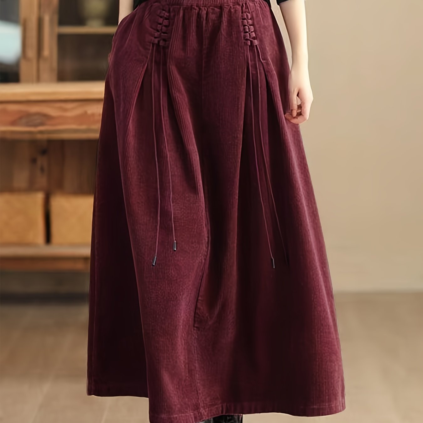 TEMU 1pc Women's Corduroy Skirt Drawstring - Polyester Woven A- -length Skirt For /summer/fall