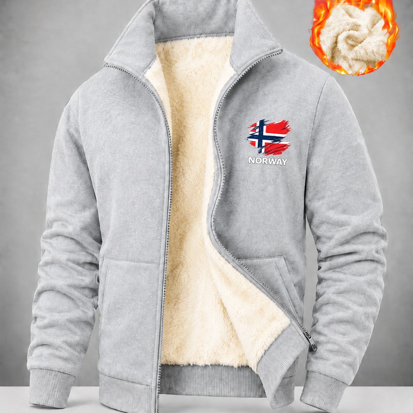 TEMU Men' Lined Full Zip Jacket, Norway Graphic Stand Collar Warm Winter Coat, Casual Long Sleeve Outerwear With Pockets