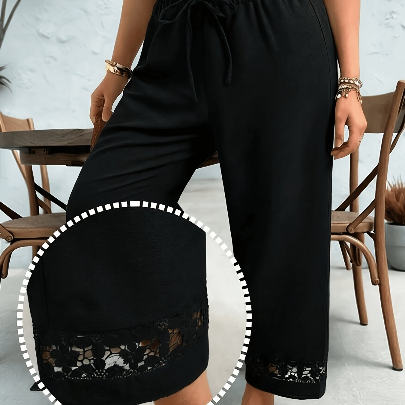 TEMU Pantalon décontracté grande taille à fleurs avec cordon de serrage, idéal pour et l'été ; Pantalon décontracté grande taille à volants plissés