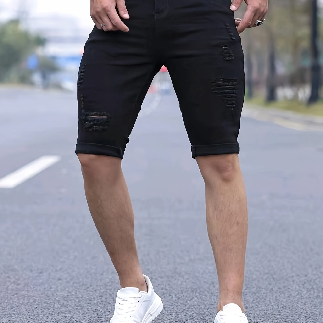 2025 Design Black Ripped Jeans With Multiple Holes, Stretch Slim Fit Denim Shorts For Men