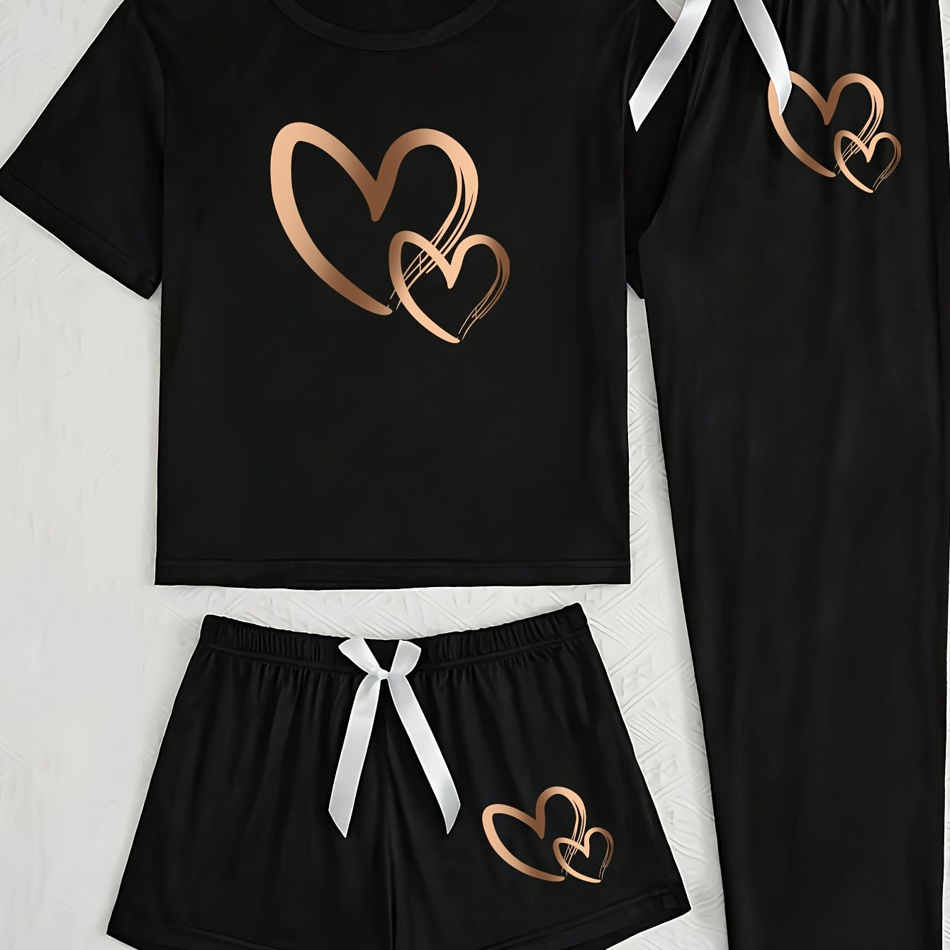 Short Sleeve Shorts Long Pants 3 Piece Pajama Set For Women Print