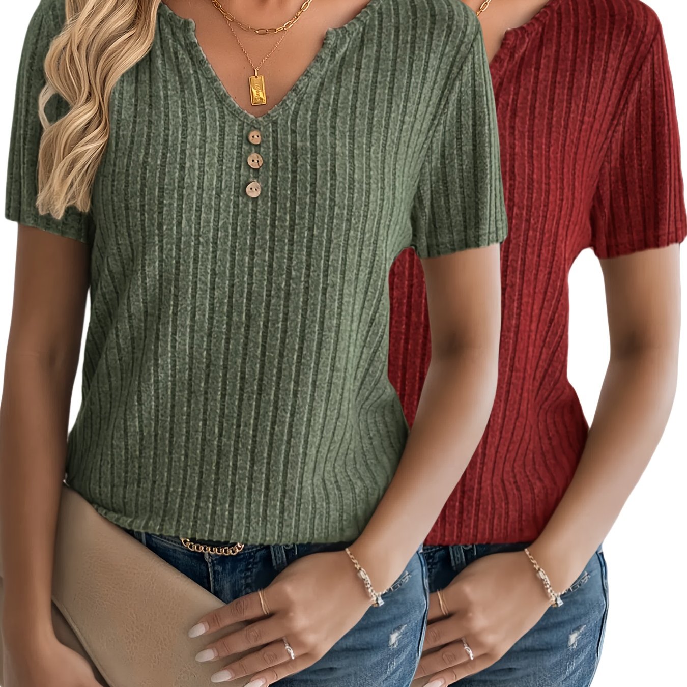 2pcs Women's Elegant Summer V-neck Button-up Ribbed Casual Short Sleeve T-shirt Top Set