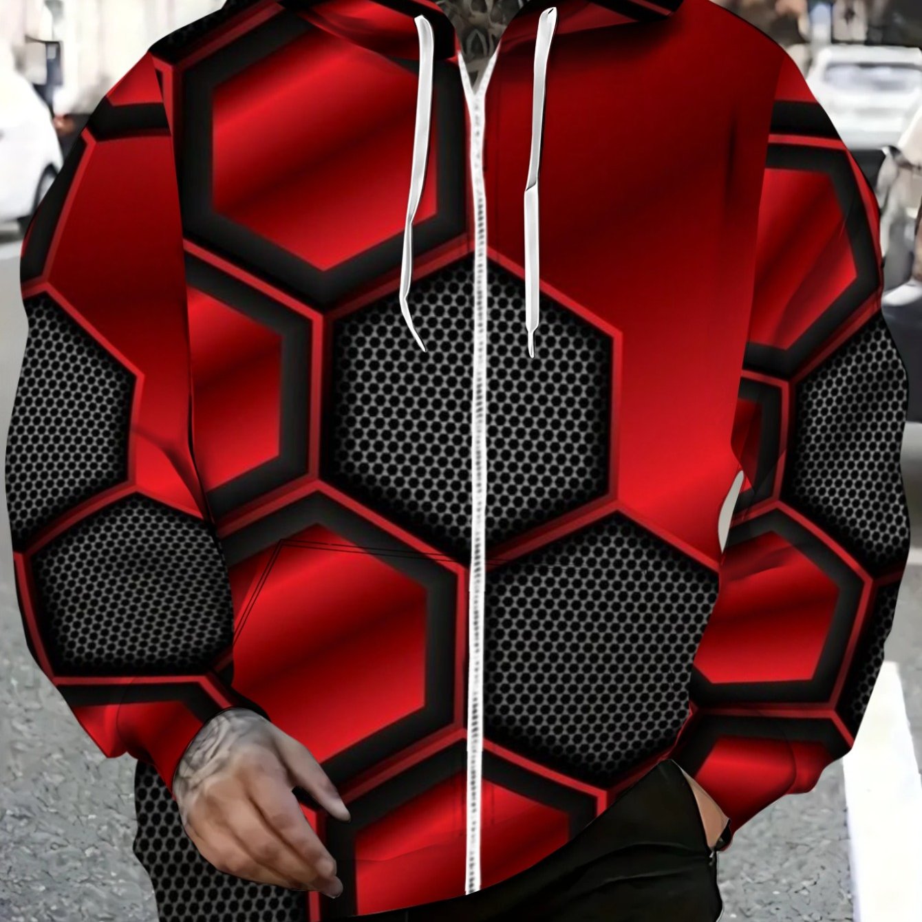 TEMU Men's Red Hexagon Pattern Hoodie Lightweight Durable Zip-up Jacket For Outdoor Activities And Casual Wear With