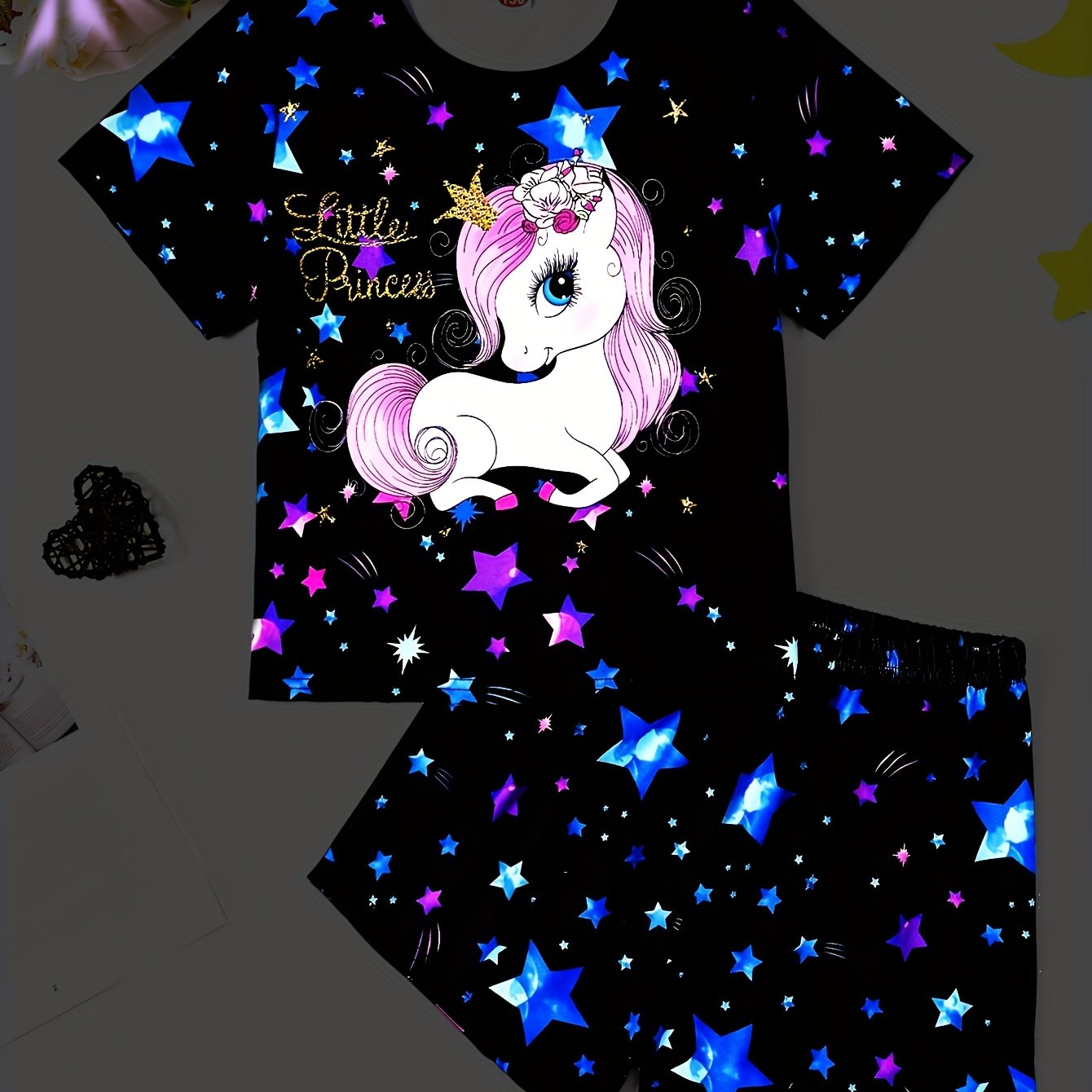 2pcs Of Adorable Luminous Unicorn Short T-shirts And Shorts Pajama Set, Soft And Skin-friendly Princess Pajamas For Girls, Perfect For Cozy Lounging