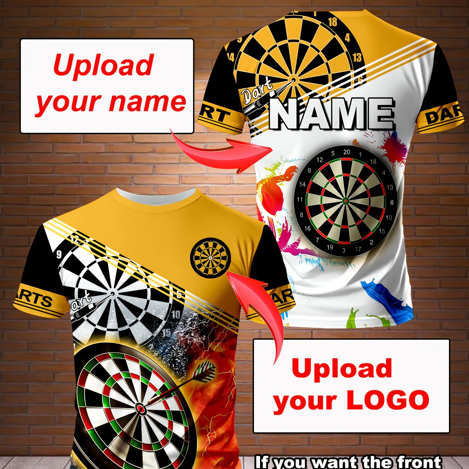 TEMU Camiseta Deportiva de Dardos para Hombres Personalizable - Logotipo y Personalizados, Diseño de Impresión 3D, Camiseta Casual de Cuello y Manga