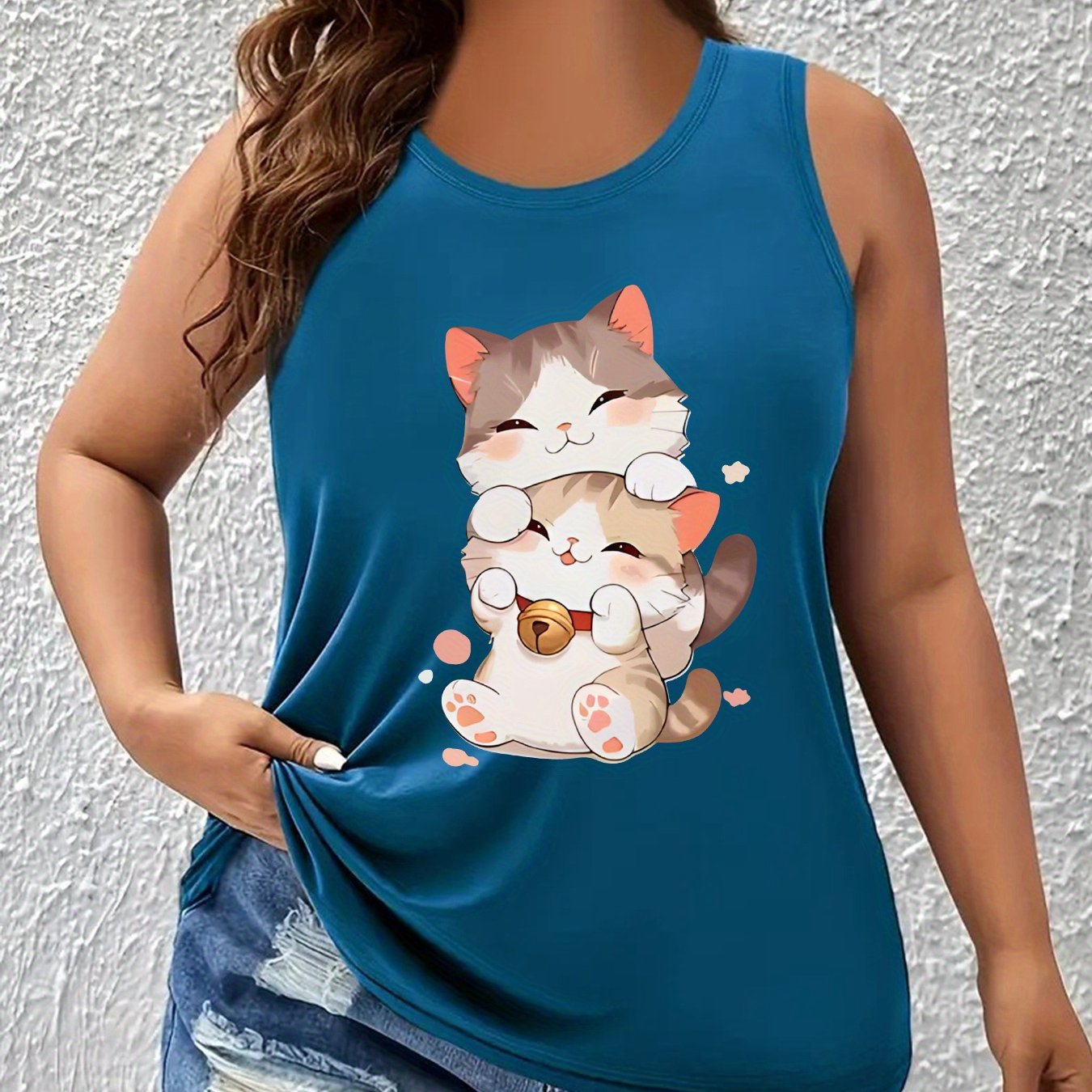 TEMU Plus Size, Popular Kitten Print European And Plus Size Fashion Round Neck Tank Top Women's Sleeveless S Vest