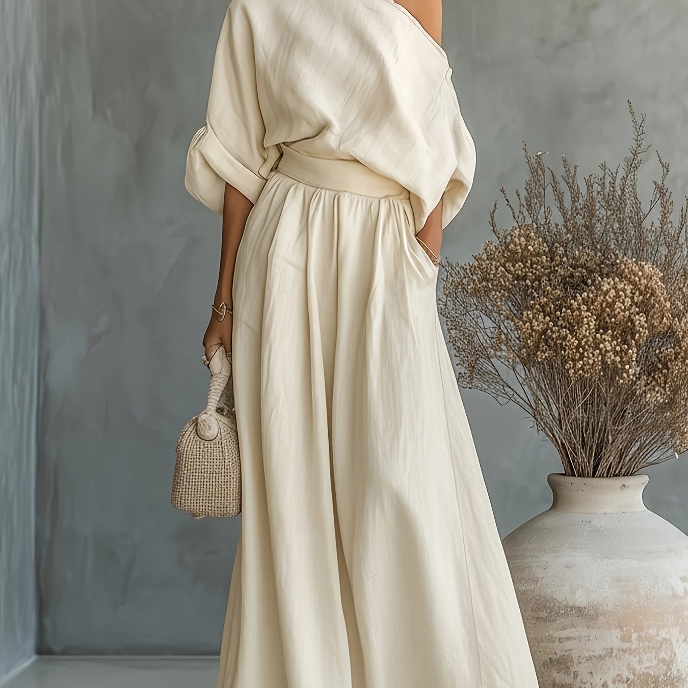 E-shop Neu - Border Damenmode Elegantes Damen Einfaches Lässiges Kurzes Locker Off-Shoulder Puffärmel Top und Oversized A-Linien Rock Set